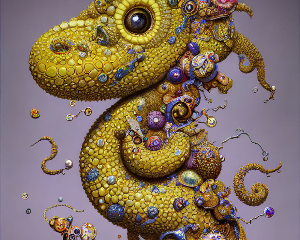 Colorful surreal dragon with ornate details on purple background