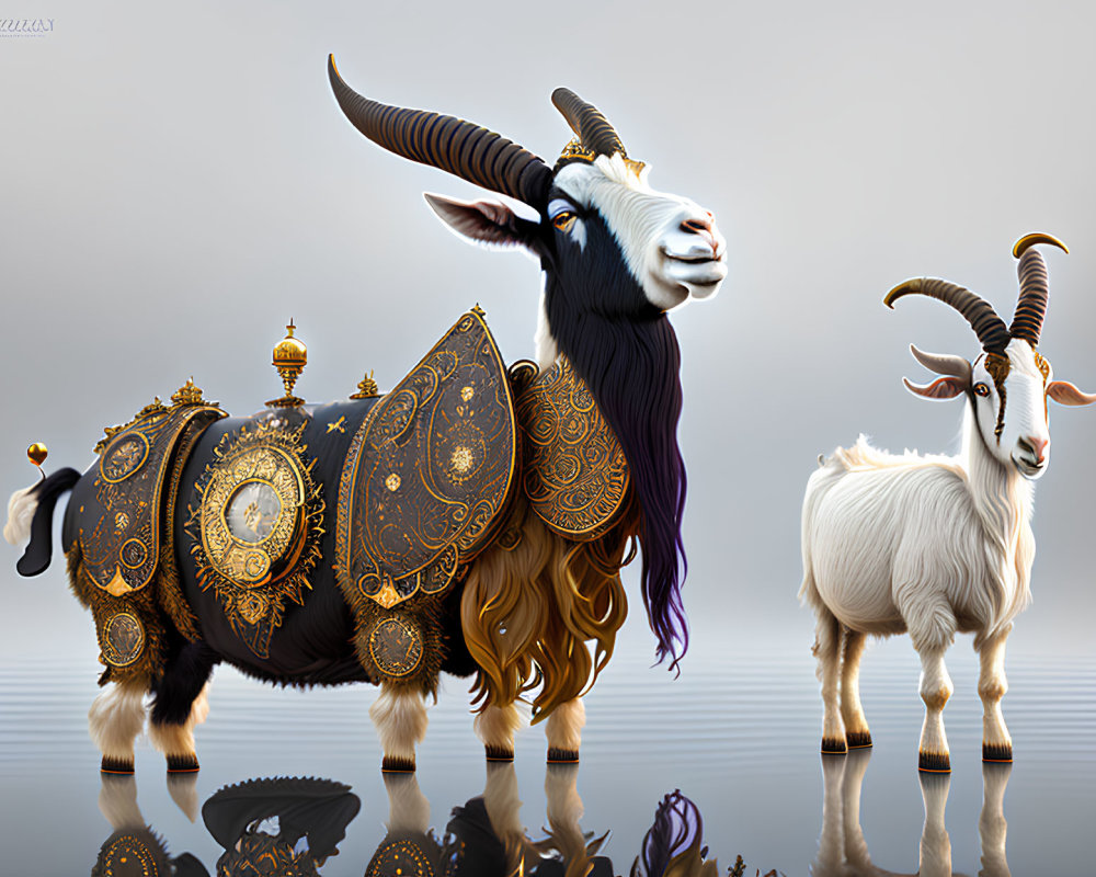 Digital artwork featuring two goats with decorative saddle and accessories, standing on shiny surface