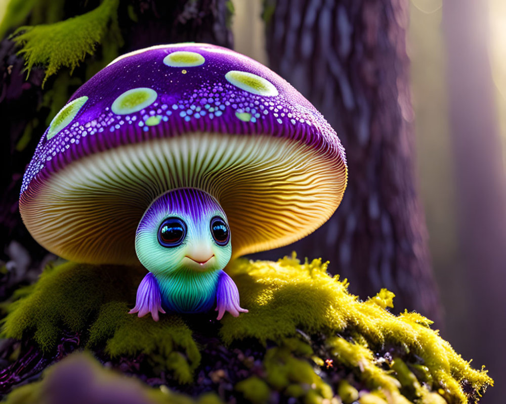 Colorful whimsical creature with big eyes under purple mushroom