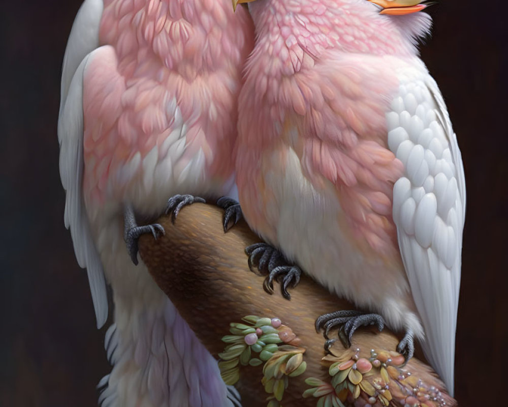 Pink and white birds with soft plumage perched on branch, dark background