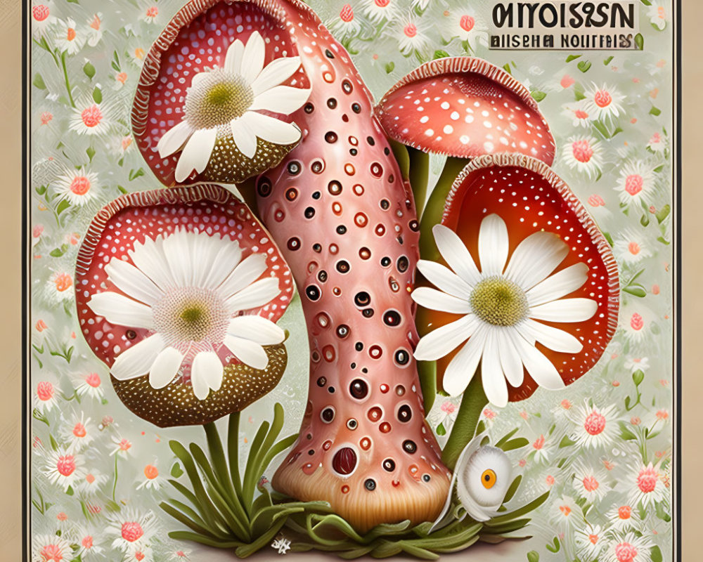 Whimsical red mushroom, daisies, butterfly, and Cyrillic border illustration