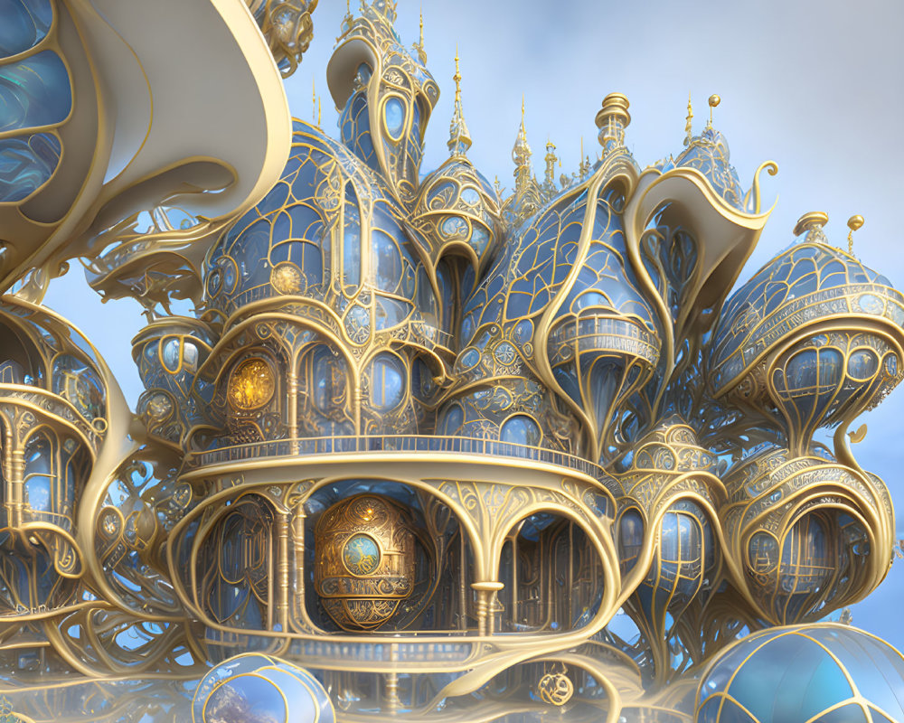 Intricate golden and blue palace with ornate spires and reflective surfaces