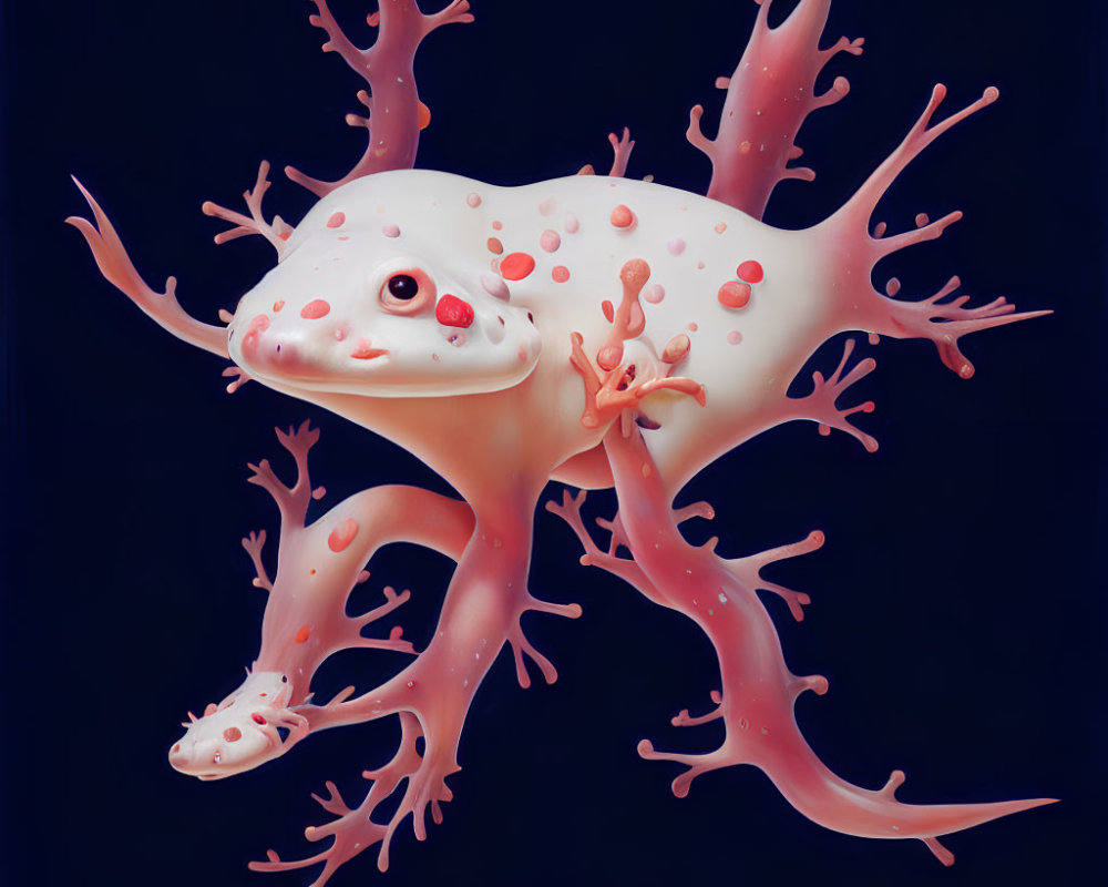 Whimsical pink amphibian creature with coral-like appendages on dark backdrop