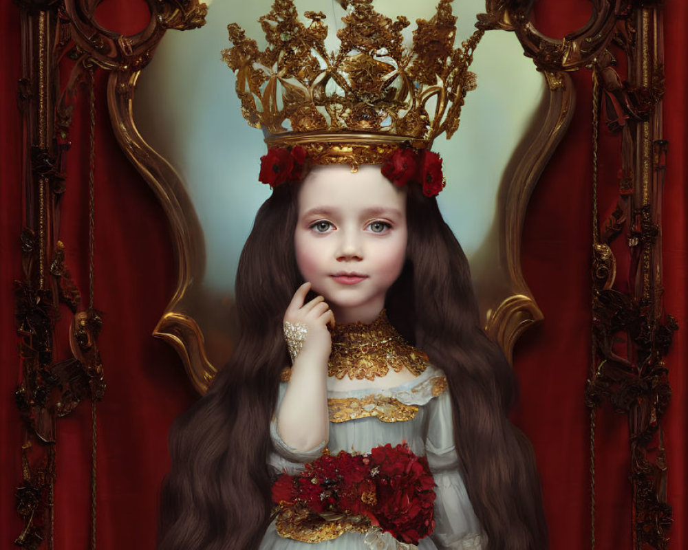 Young girl in white dress with golden embroidery and ornate gold crown posing in red velvet chair with bar