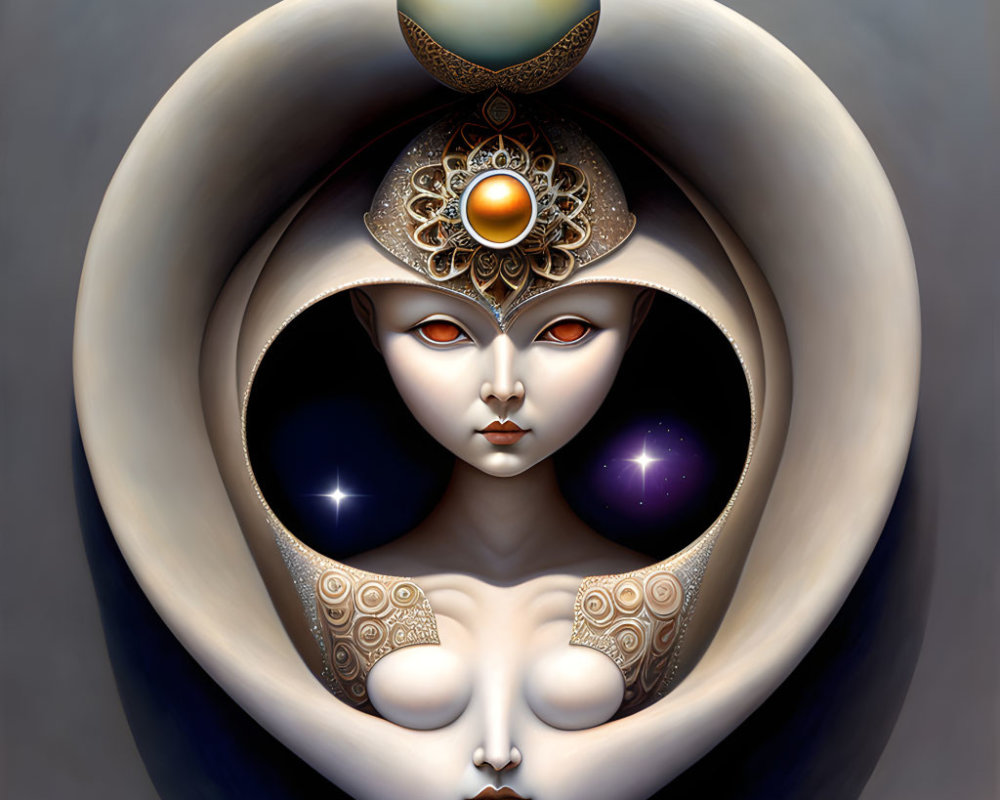 Celestial-themed surreal digital artwork with female figure