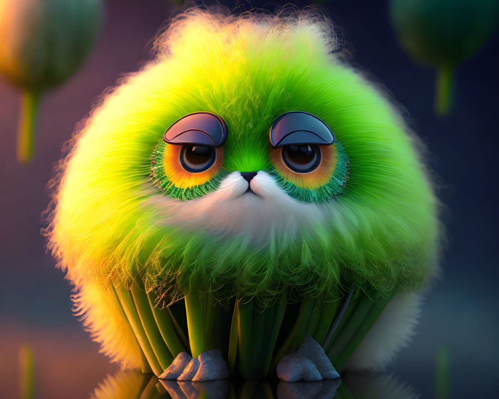 Whimsical digital creature with large eyes and green fur