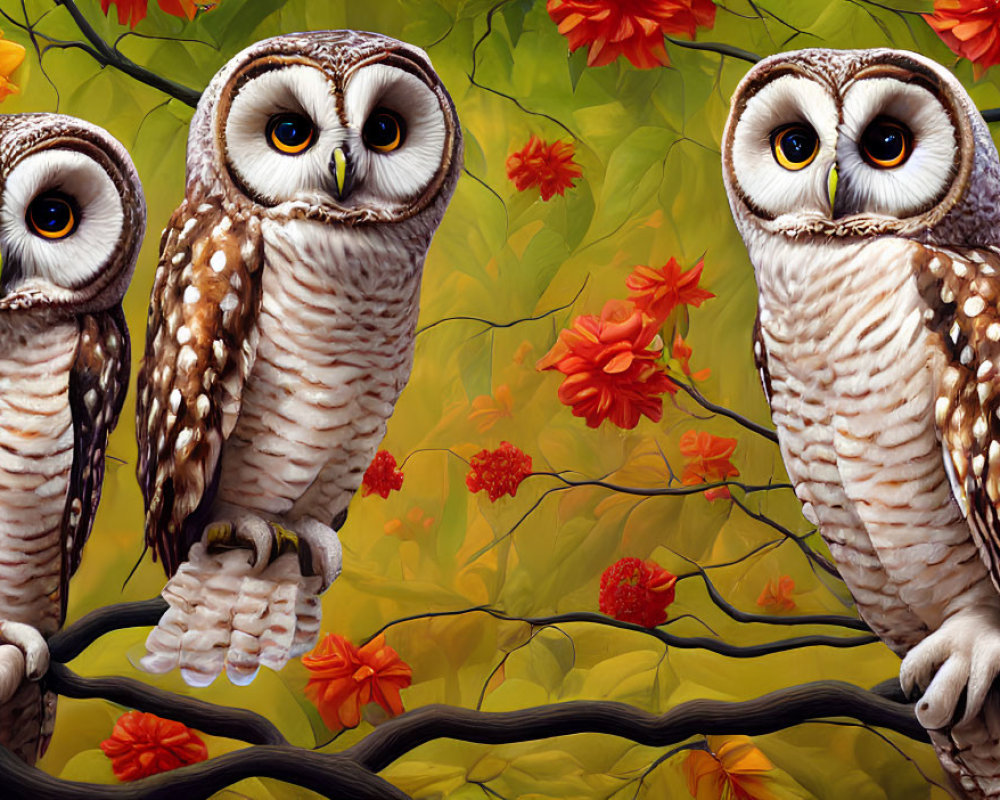 Stylized owls on branch with autumn leaves and orange flowers