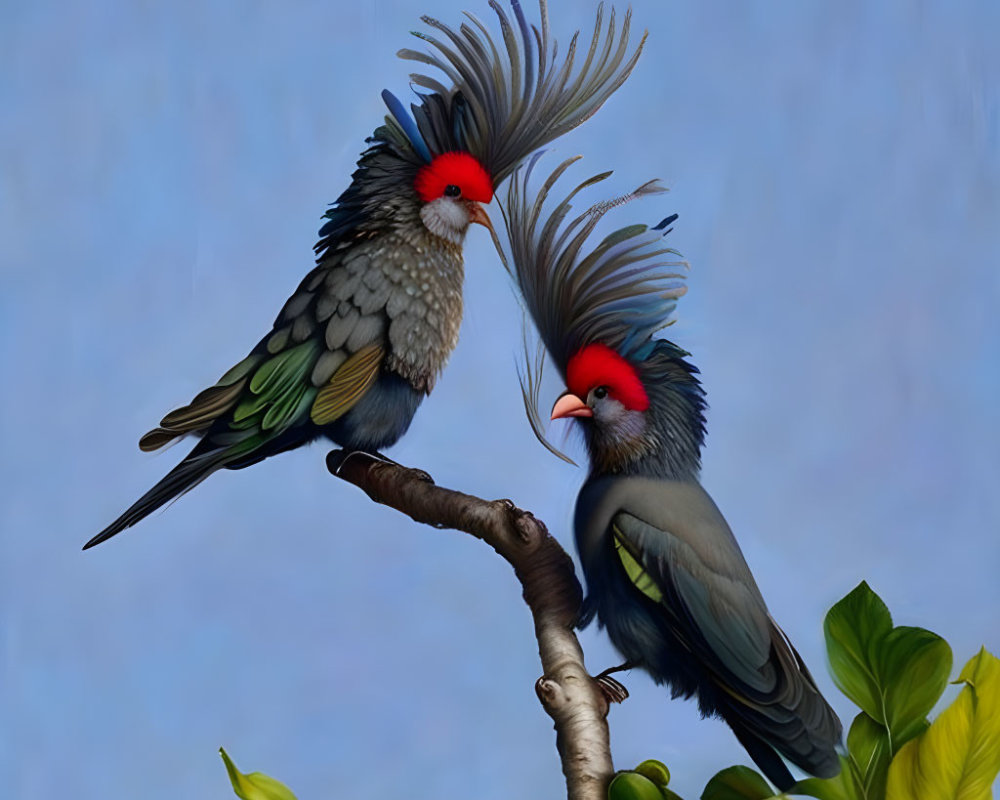 Dramatic crested cockatiels perched on branch against blue sky