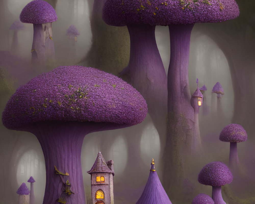 Purple Mushroom Forest with Glowing Lanterns and Whimsical Houses