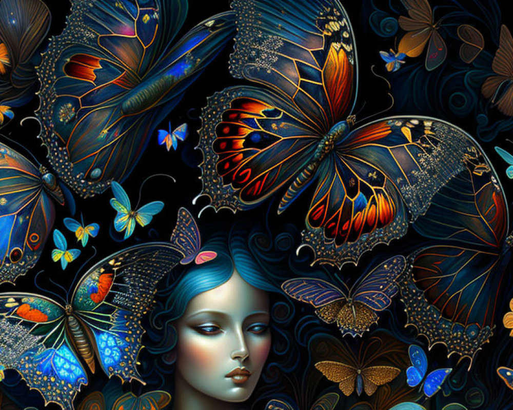 Colorful Butterfly Surrounding Woman's Face Artwork