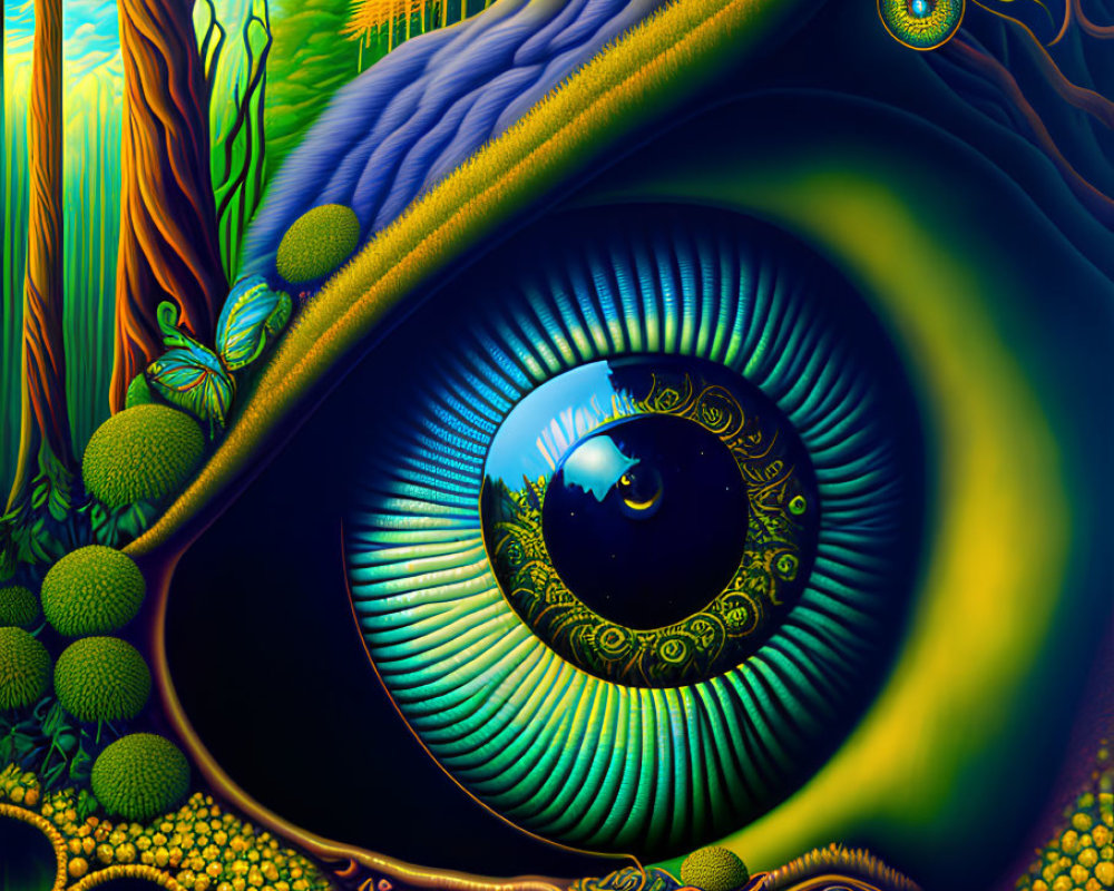 Surrealist artwork: Large eye in vibrant forest scene