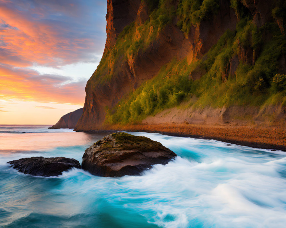 Vibrant sunset sky over coastal cliff and beach