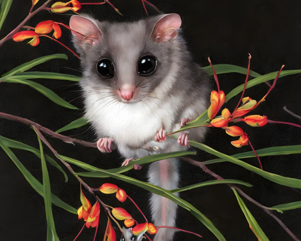 Large-eyed possum on branch with vibrant flowers against dark background