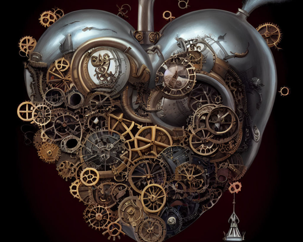 Steampunk-style metallic heart with gears and clocks on dark background