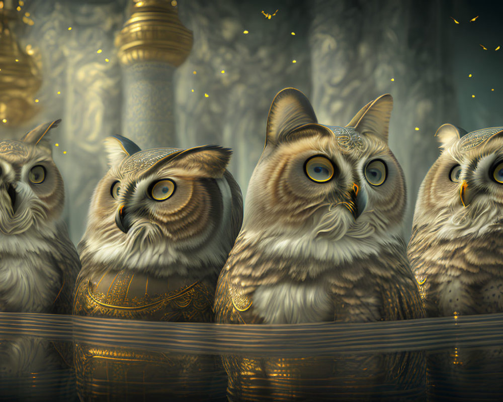 Four ornate golden owls in mystical setting with vintage lamp and sparks