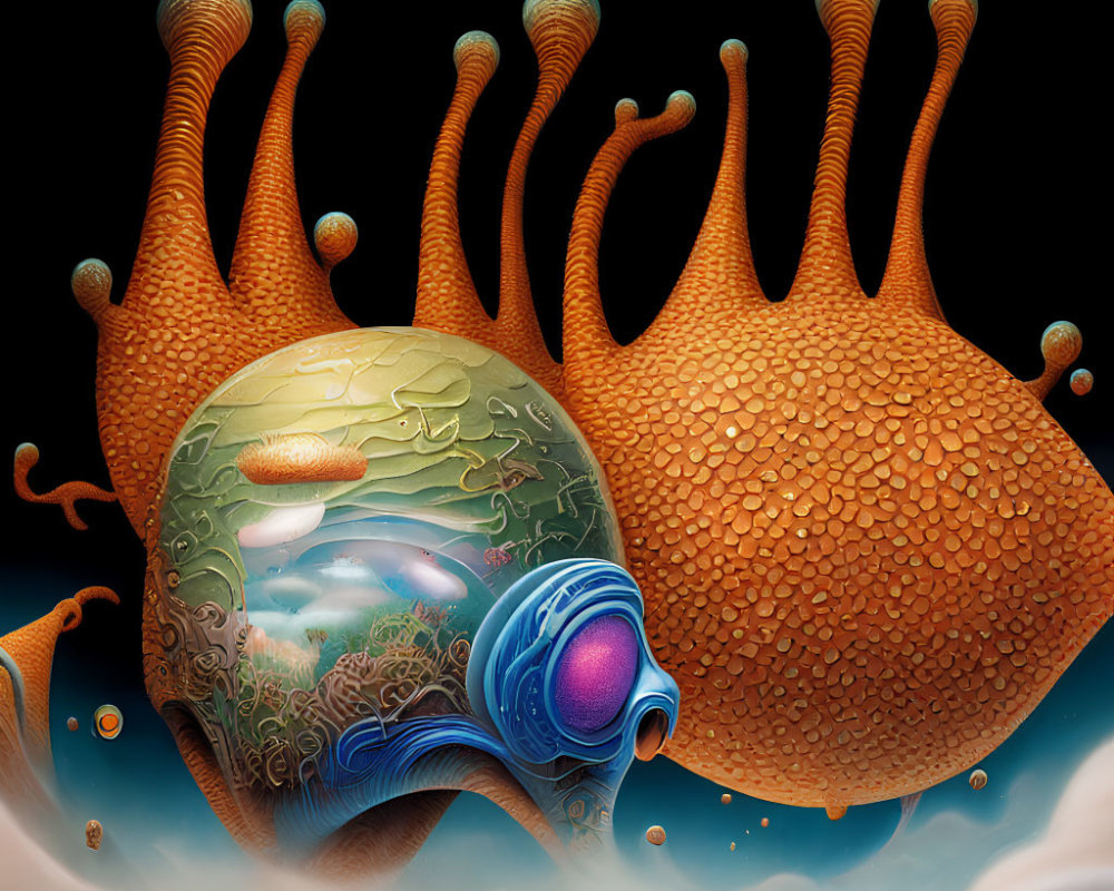 Surreal digital artwork: orange structures, blue eye, reflective sphere