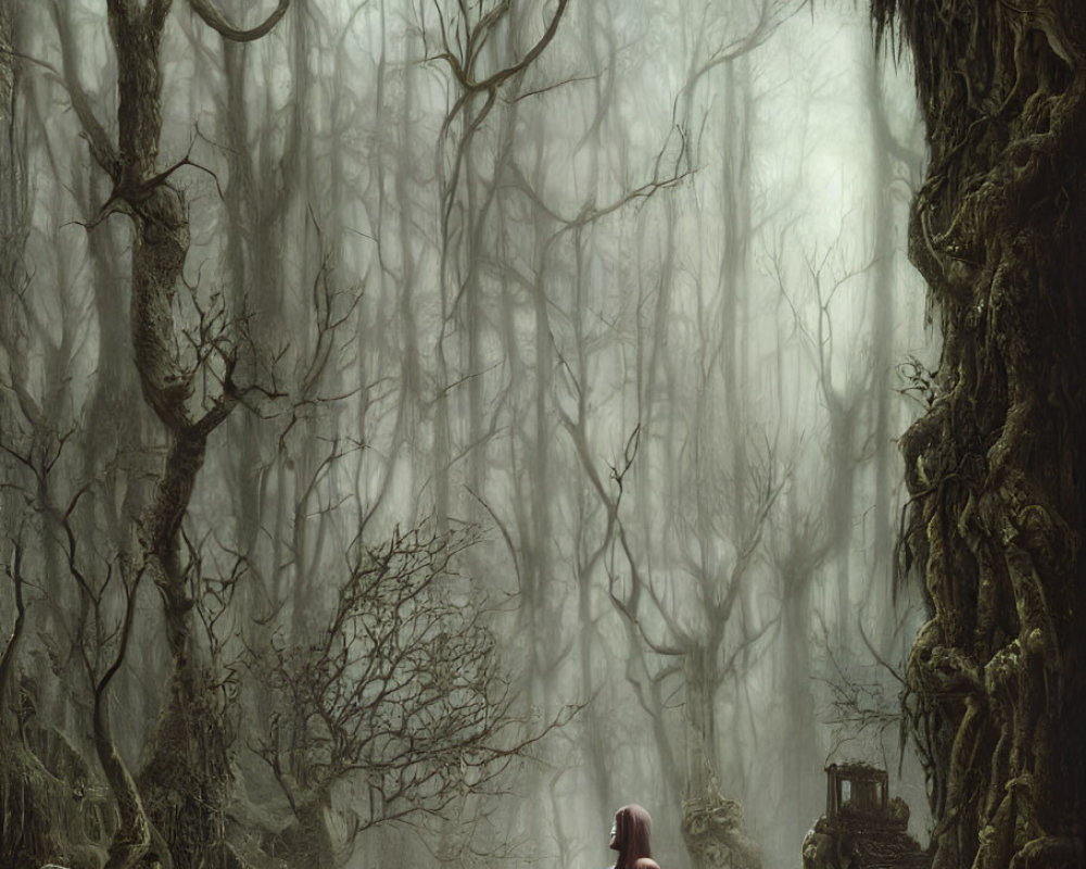 Cloaked figure on ancient stone ruins in misty forest