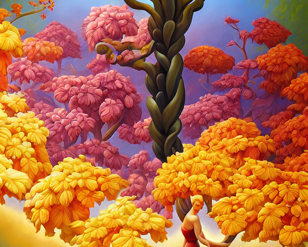 Stylized mermaid painting under fantastical tree with vibrant orange foliage