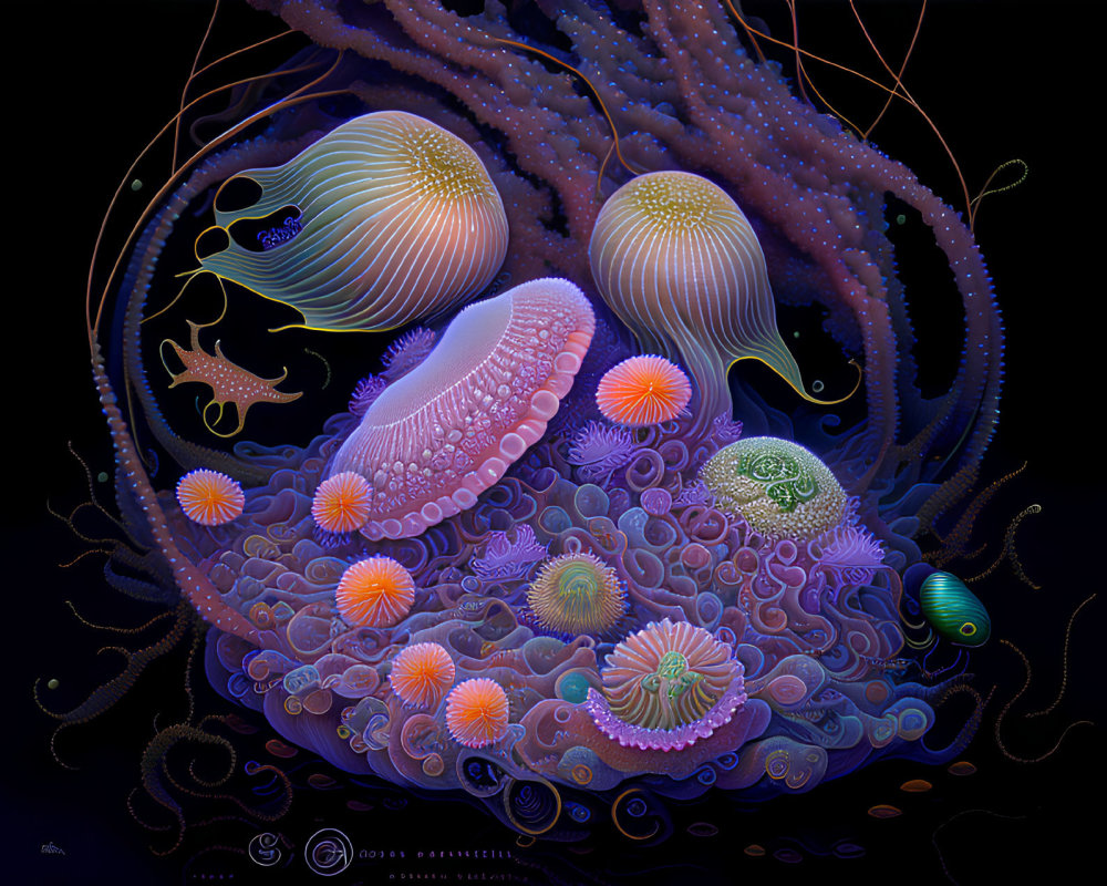 Vibrant surreal artwork: jellyfish, sea anemones, intricate patterns on coral seascape