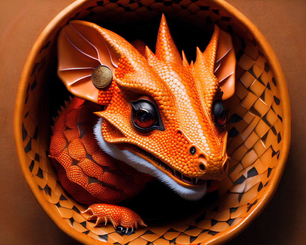 Detailed Orange and White Dragon Sculpture in Woven Basket