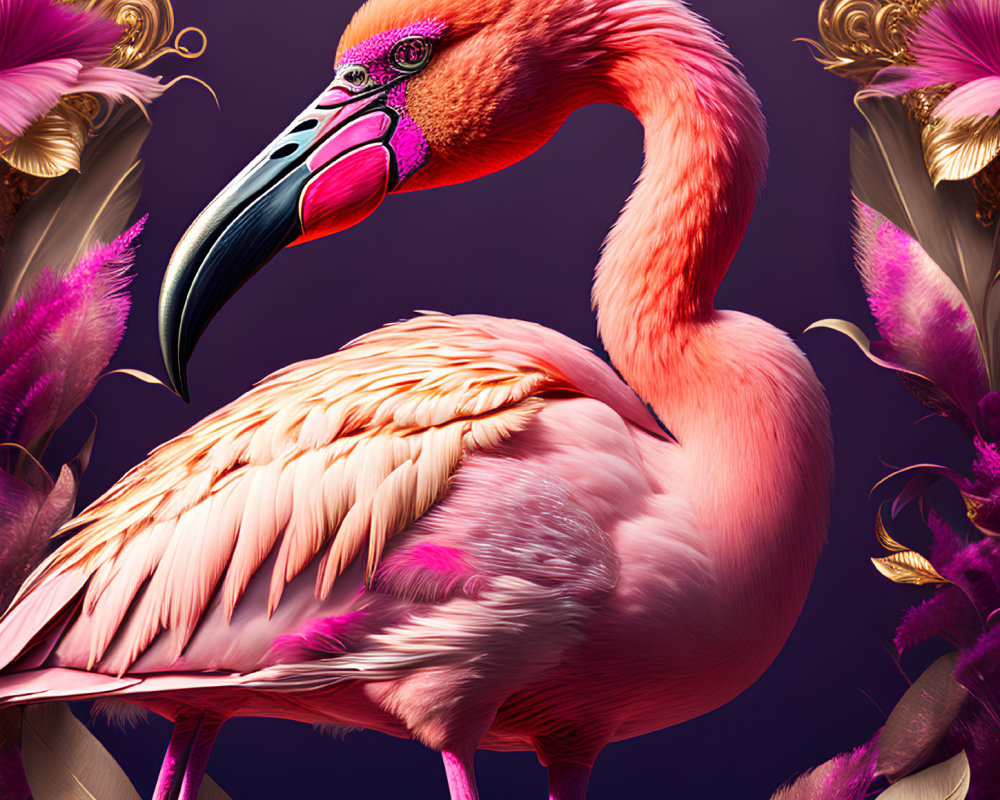 Detailed Pink Flamingo Artwork with Golden Embellishments