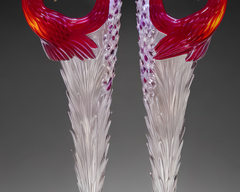 Elaborate Art Glass Champagne Flutes with Red Eagle Heads and Textured Clear/Purple Stems