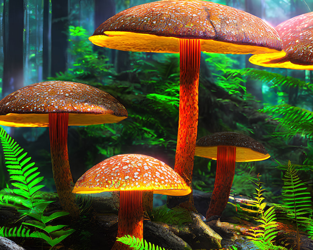 Oversized speckled mushrooms in mystical forest with sunlight beams