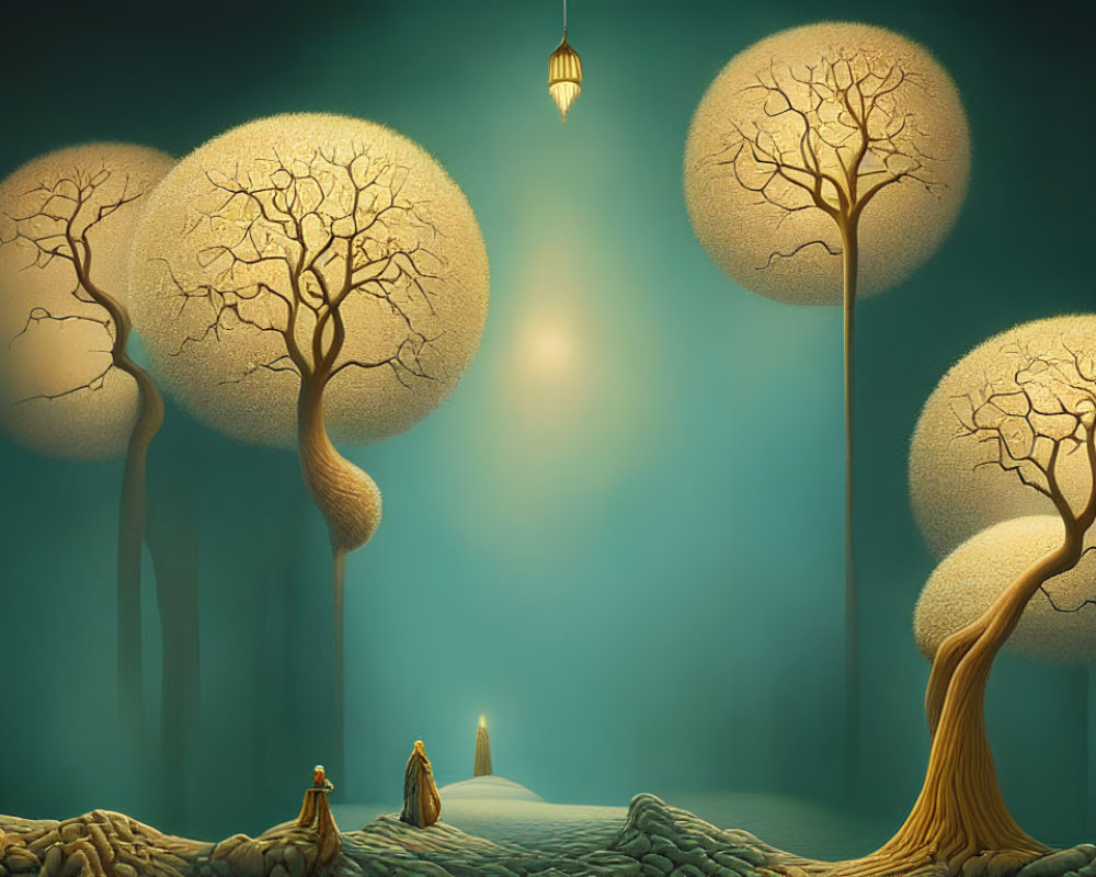 Fantastical landscape with oversized trees and glowing lantern under turquoise sky