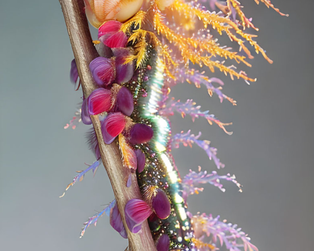 Vibrant iridescent caterpillar with pink-tipped orange protrusions on branch