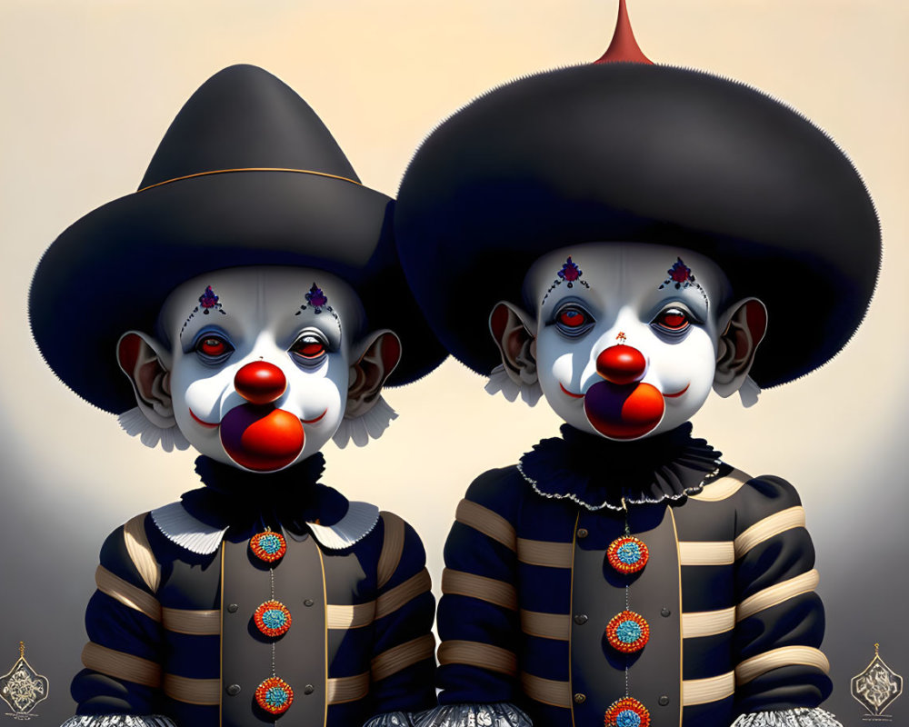 Colorful clown figures with festive makeup and ruffled collars in matching costumes