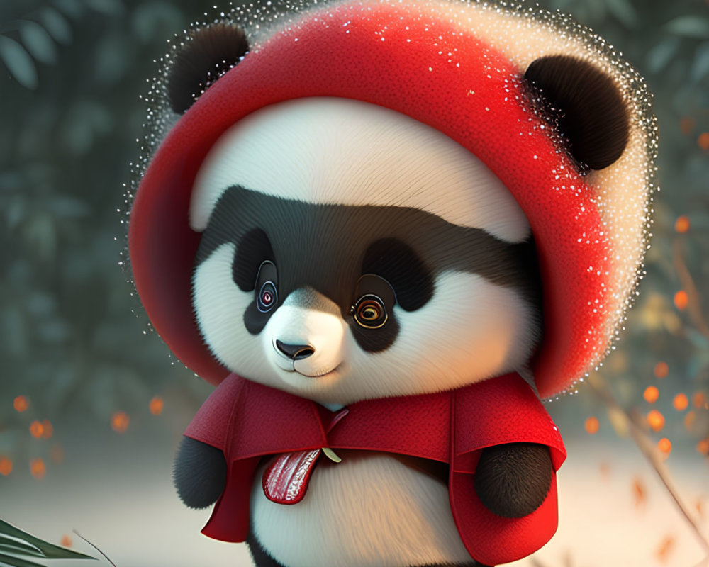 Red panda in festive scarf in snowy scene