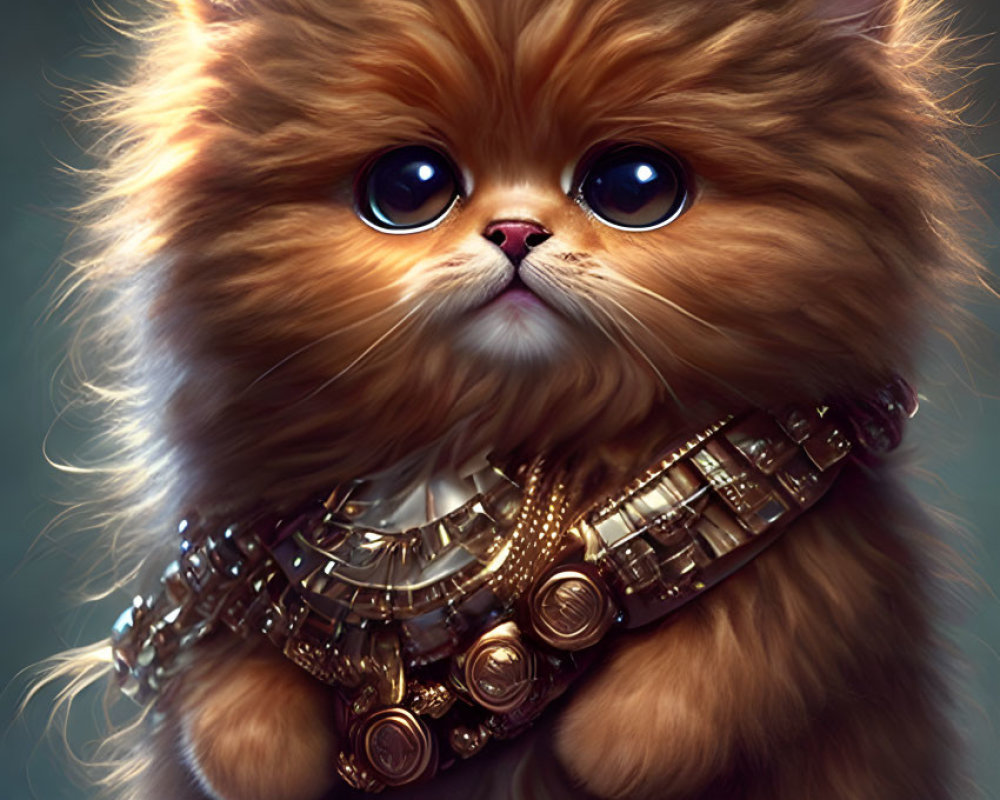 Fluffy brown kitten with blue eyes wearing gold chain collar