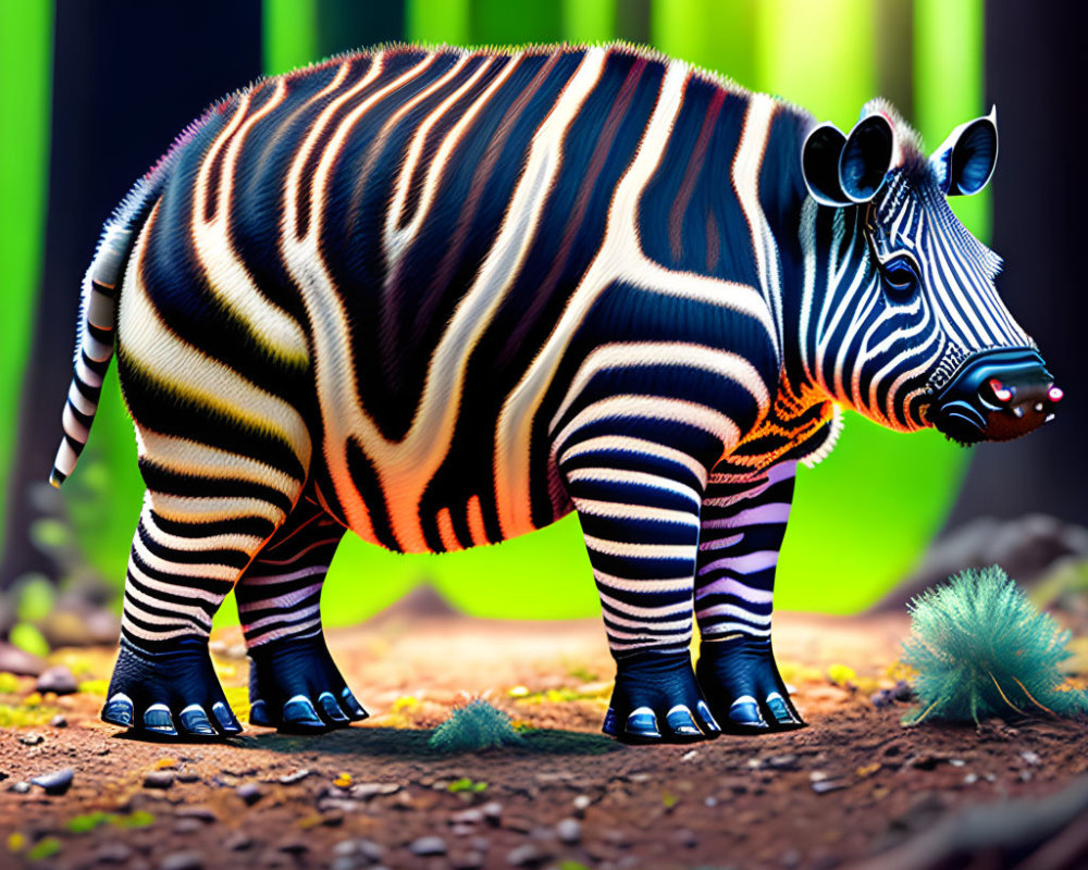 Digital Artwork: Zebra-Striped Hippopotamus in Neon Forest