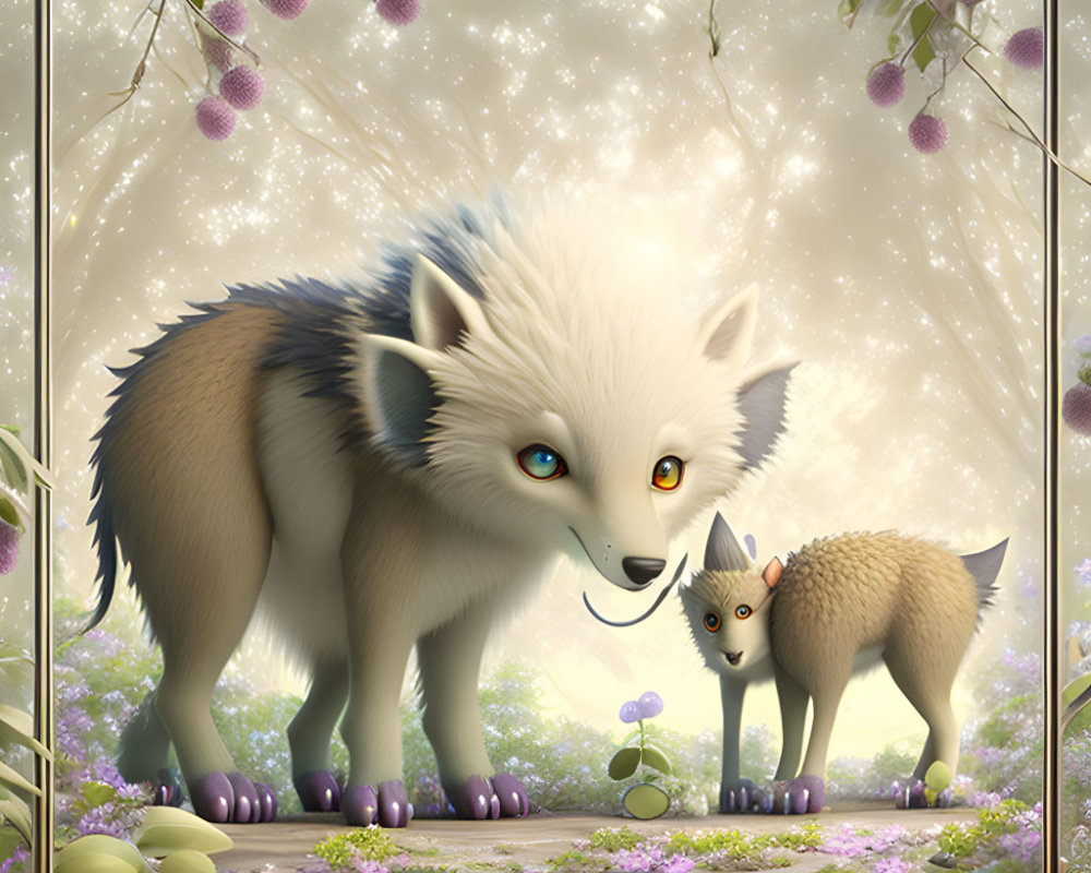 Stylized illustration of white and blue foxes in magical forest