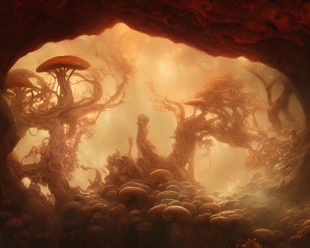 Enigmatic forest with enormous mushrooms and twisted trees in warm, misty glow