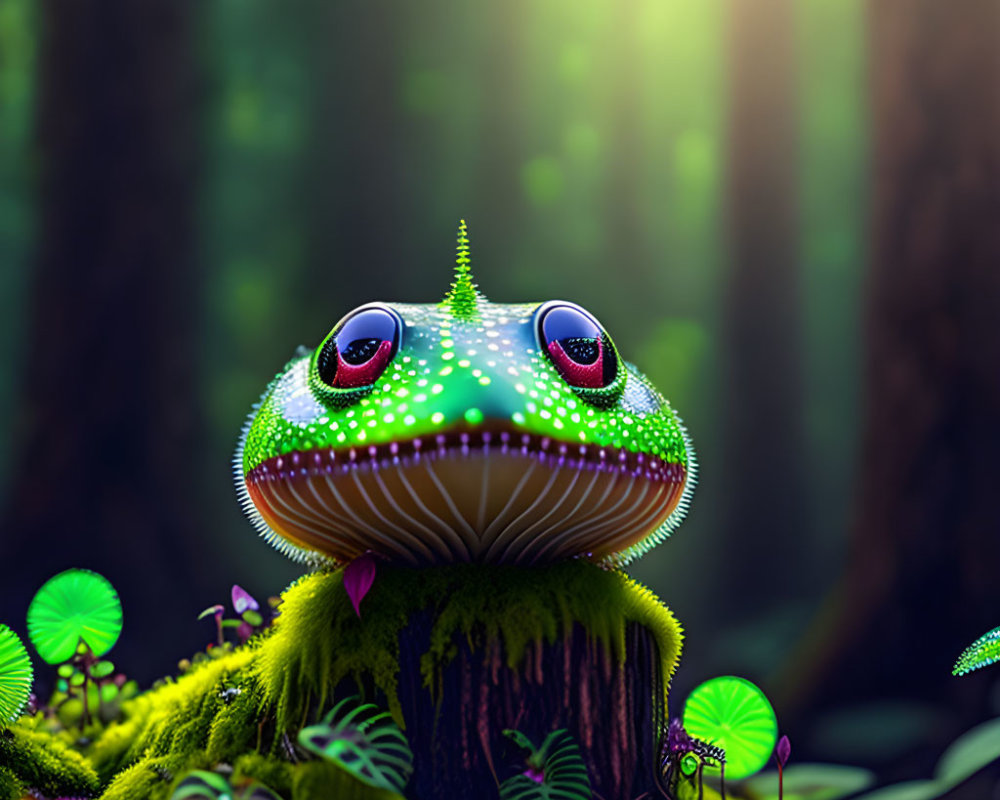 Colorful whimsical frog illustration in enchanted forest with sparkling textures.