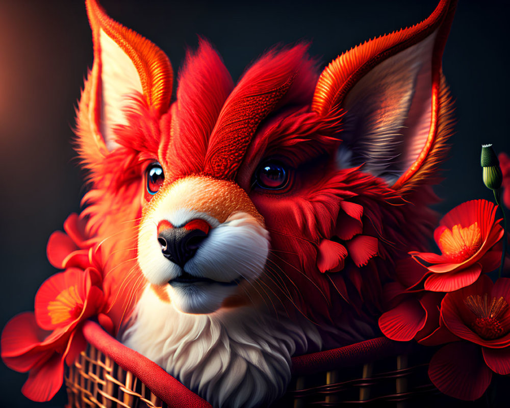 Vibrant stylized red fox surrounded by red-orange flowers