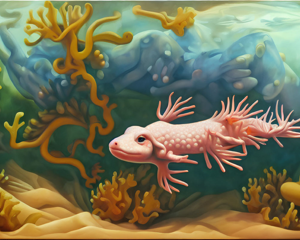 Colorful Axolotl-Like Creature Swimming in Coral Reef