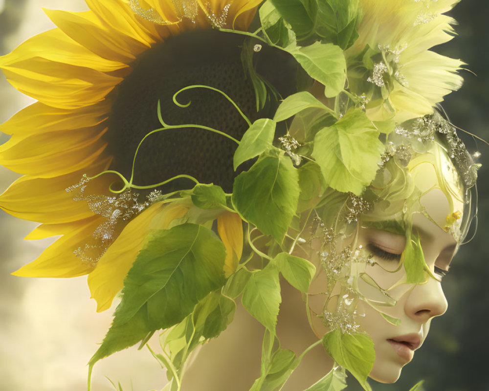 Person with Sunflower Head and Leaf-Adorned Face Portrait