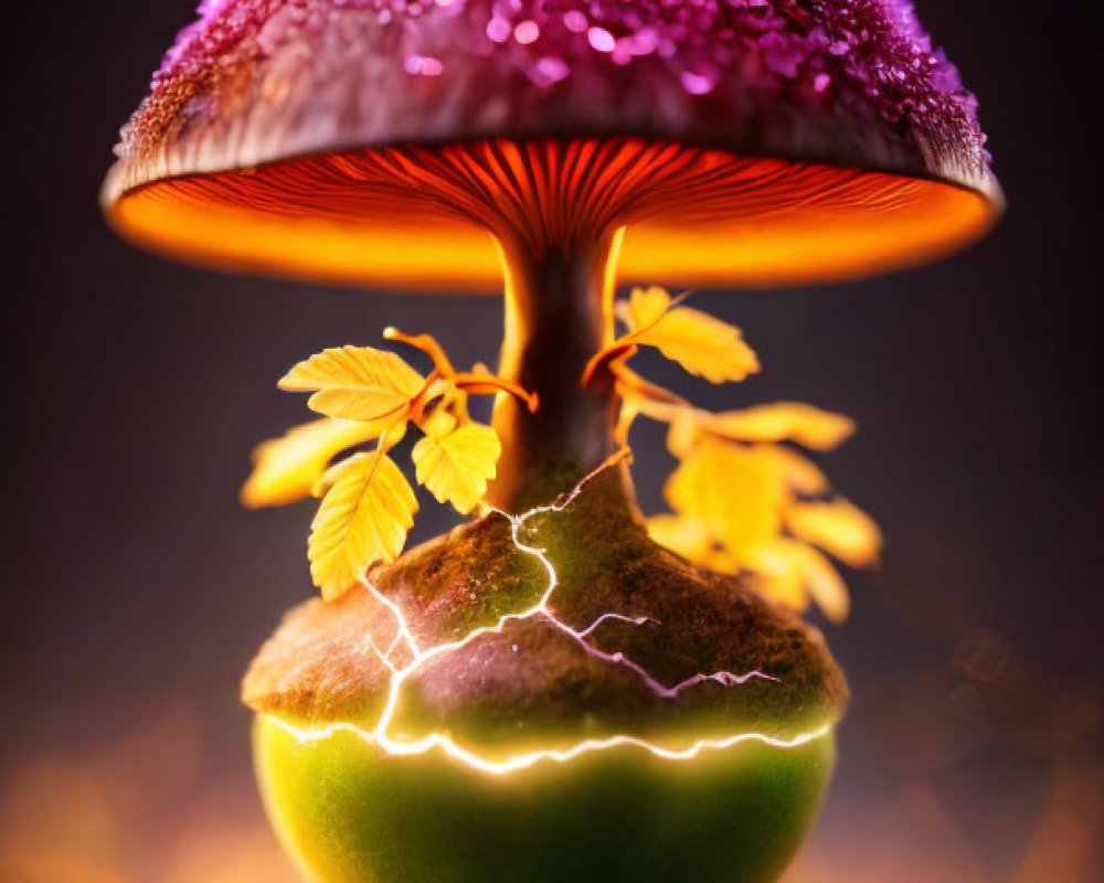 Fantasy-themed image of glowing mushroom on green fruit