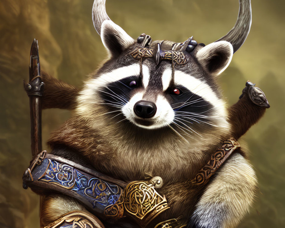 Anthropomorphic raccoon warrior in medieval armor with spear and mystical crown