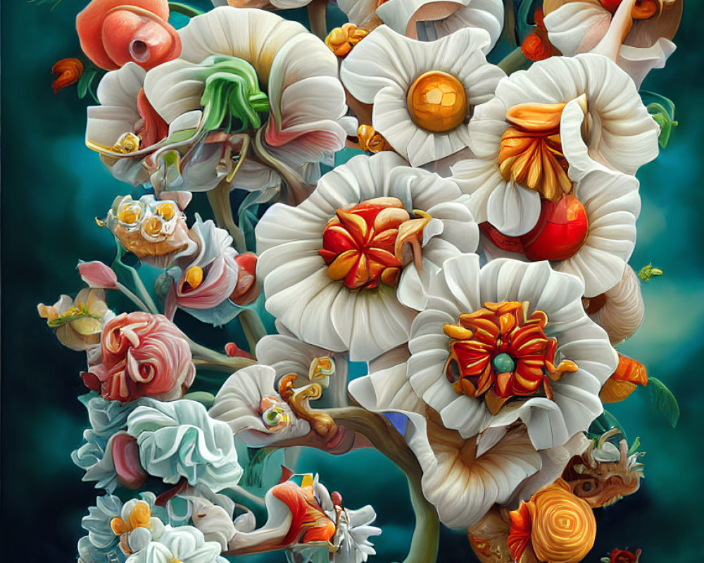 Colorful digital painting of oversized flowers and fruits intertwined.