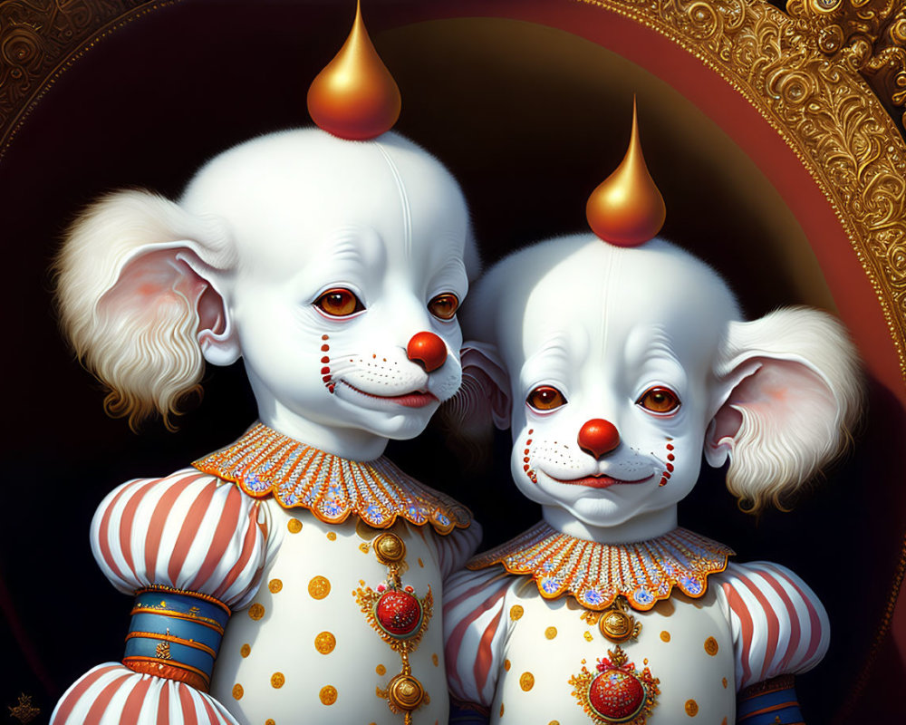 Whimsical clown characters with white faces and red noses in elaborate costumes