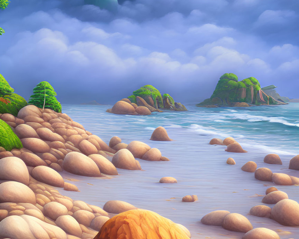 Tranquil beach scene with round stones, lighthouse, stormy sky, and lush islets