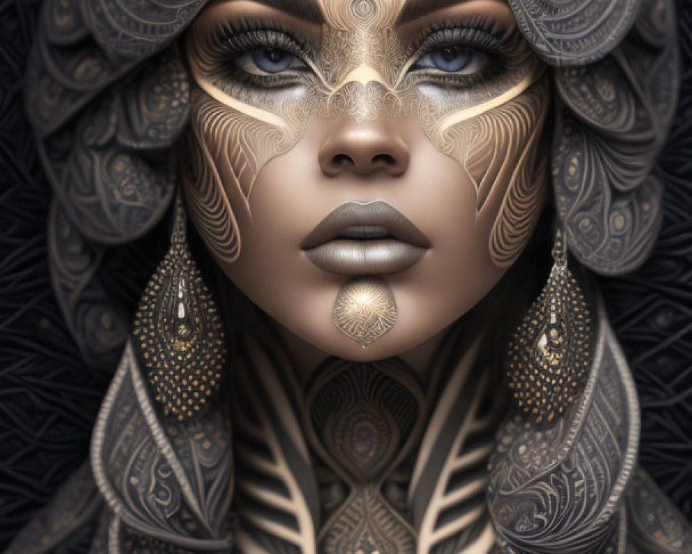 Detailed Close-Up of Surreal Female Figure with Ornate Metallic Embellishments