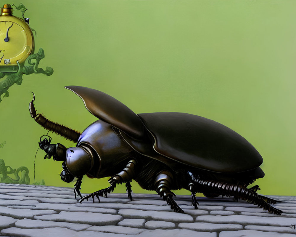 Surrealist digital artwork: metallic beetle on cobblestone, clock, whimsical structures