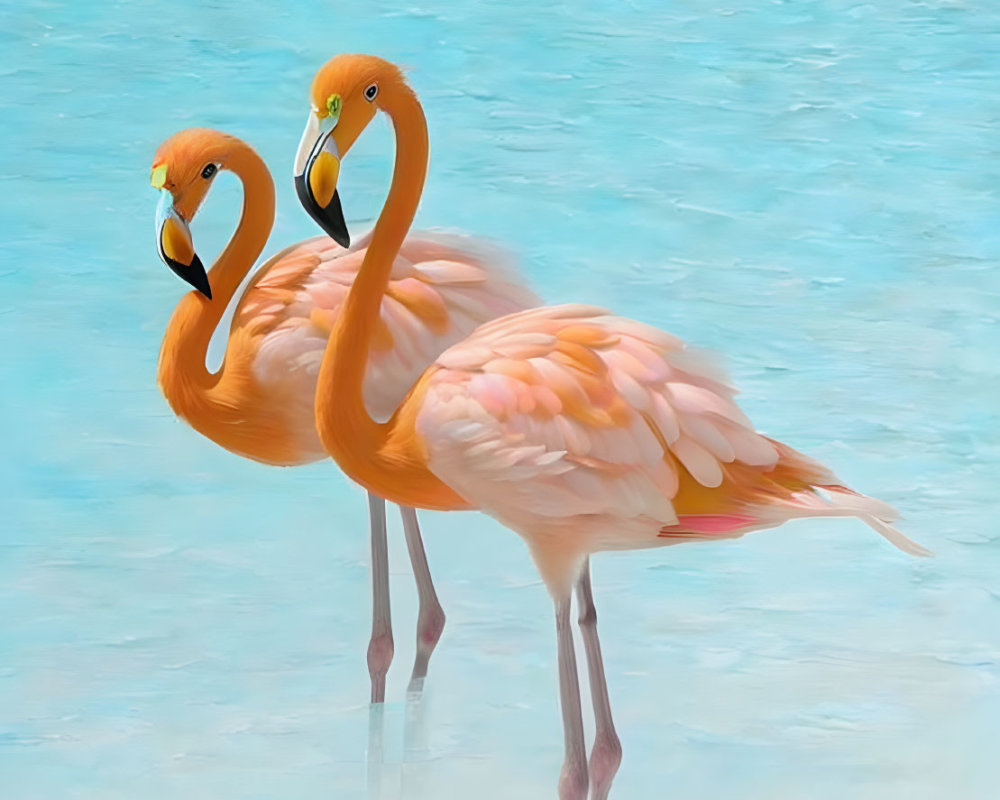 Pair of flamingos in water against soft blue background