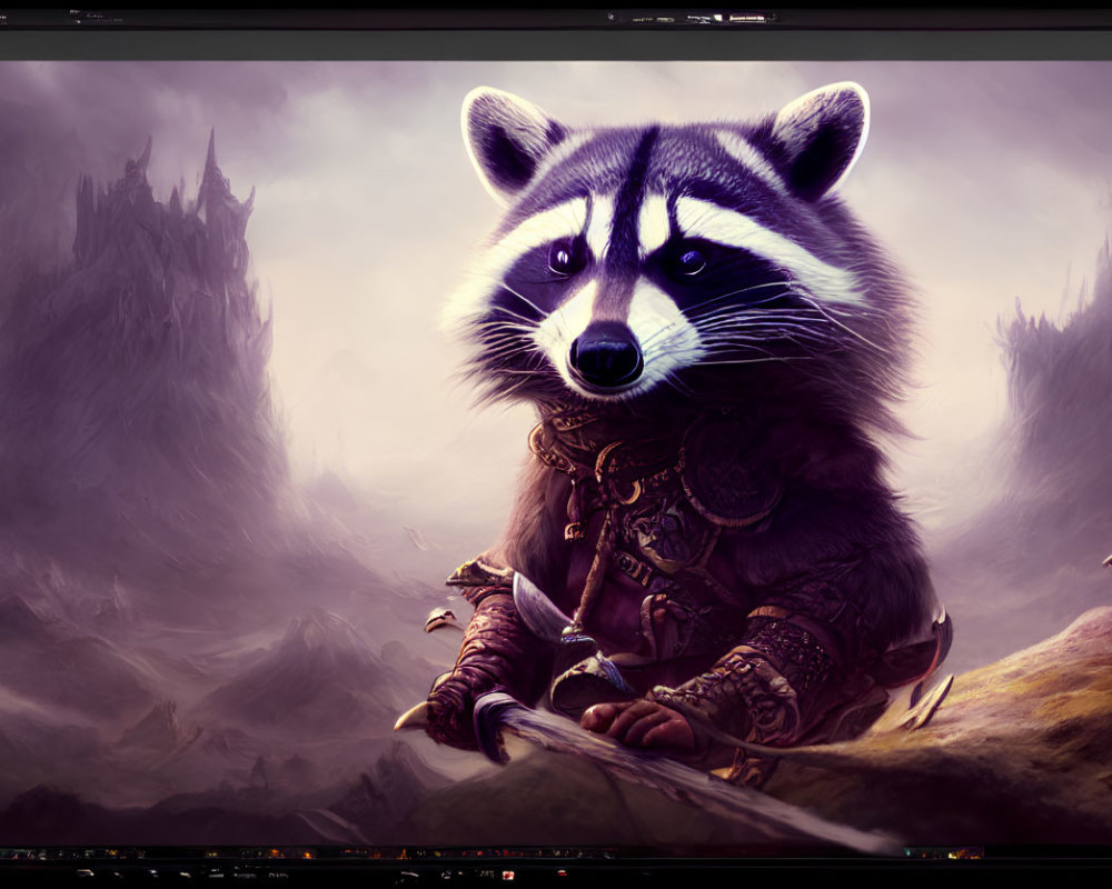 Fantasy artwork of warrior raccoon and humanoid companion in mystical landscape