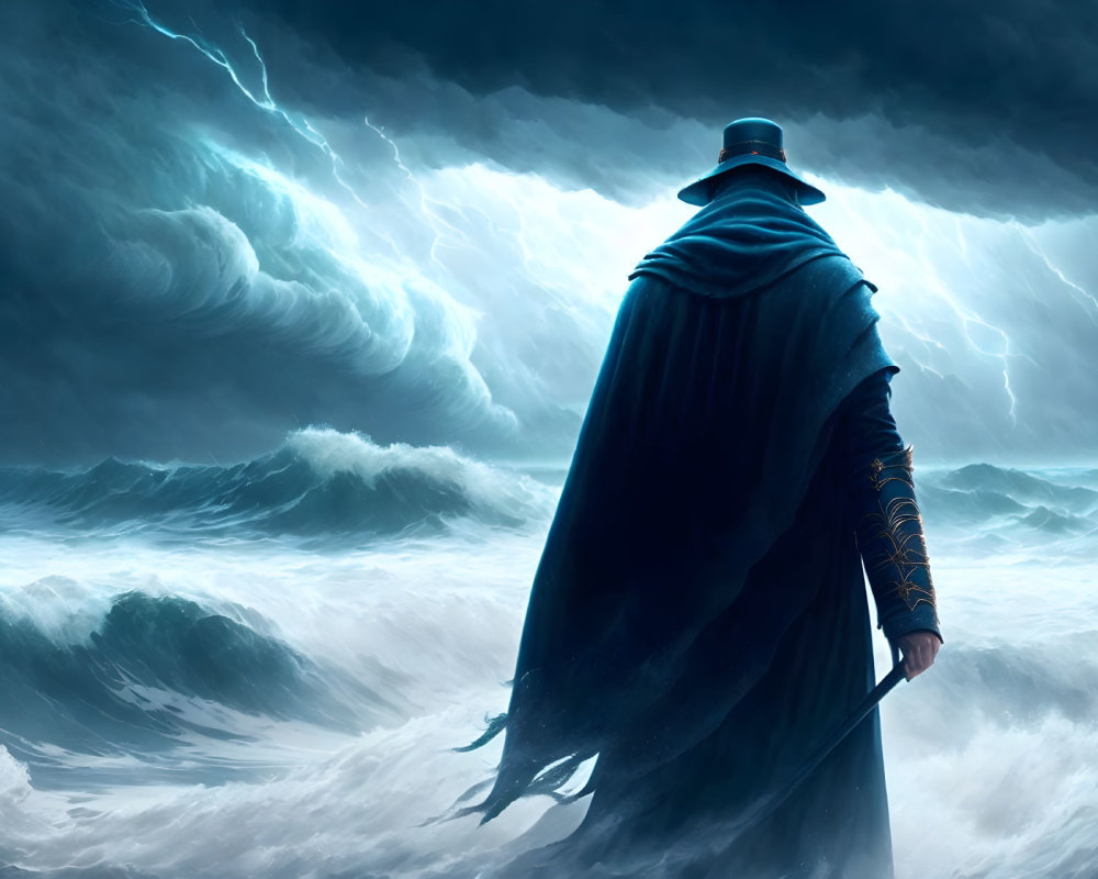 Mysterious figure in blue cloak facing stormy ocean and sky