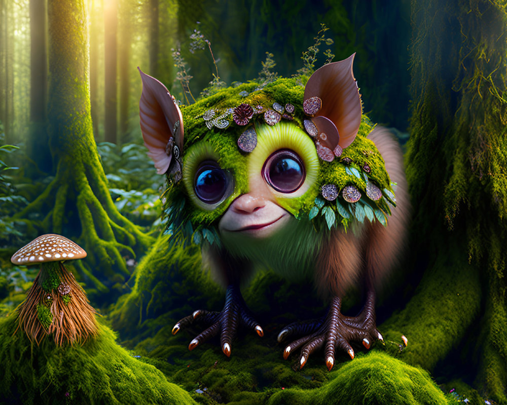 Fantastical creature with large ears in mossy forest surrounded by glowing mushroom